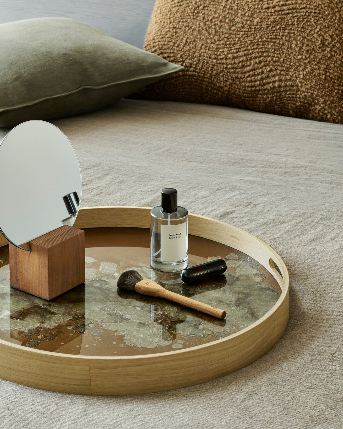 Organic tray, Metallic Bronze, Hand painted glass - oak veneer rim, L48 x W 48 x H4 CM