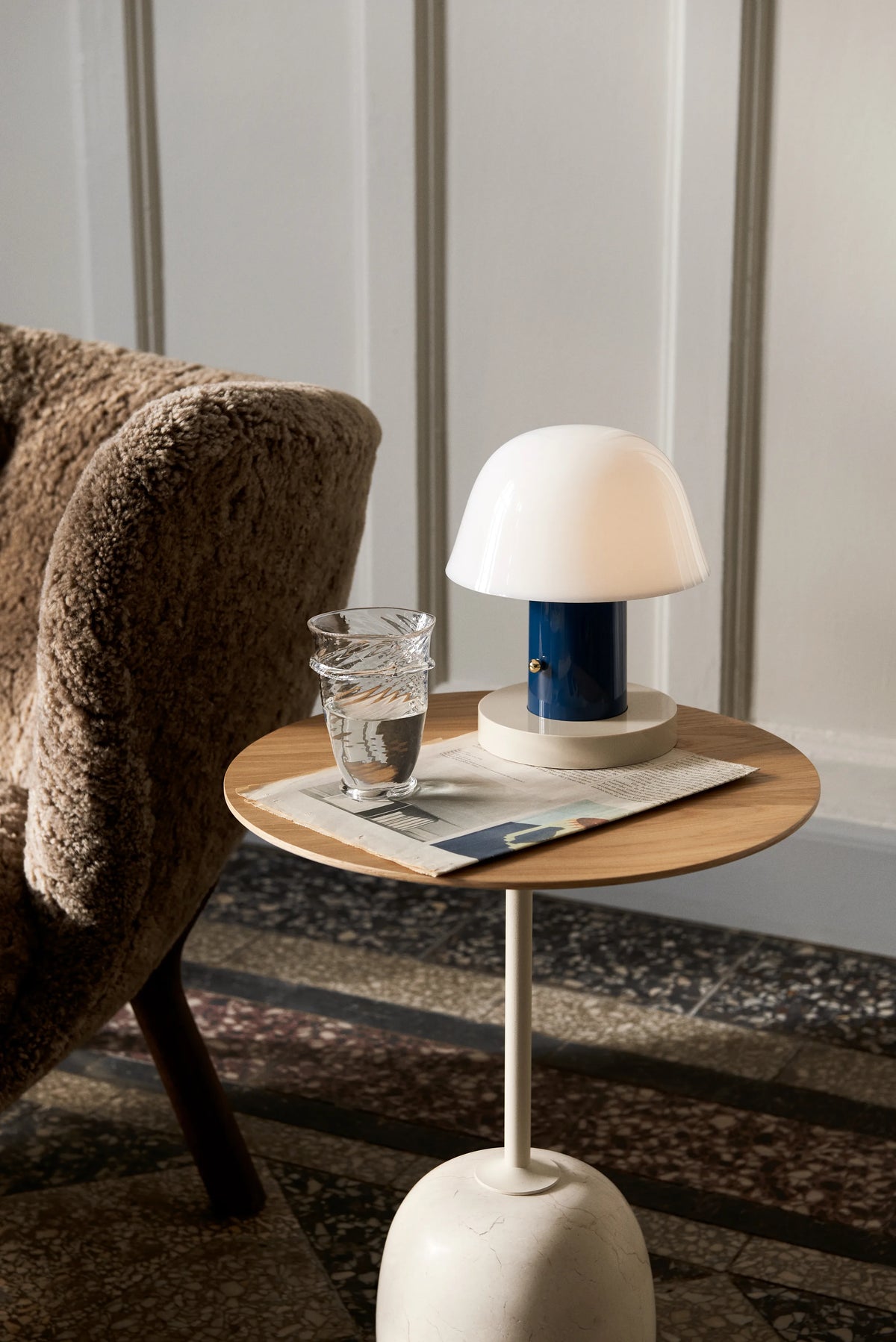 Lato LN8 Side Table - Lacquered Oak/Crema Diva Marble H50 cm Ø40 cm