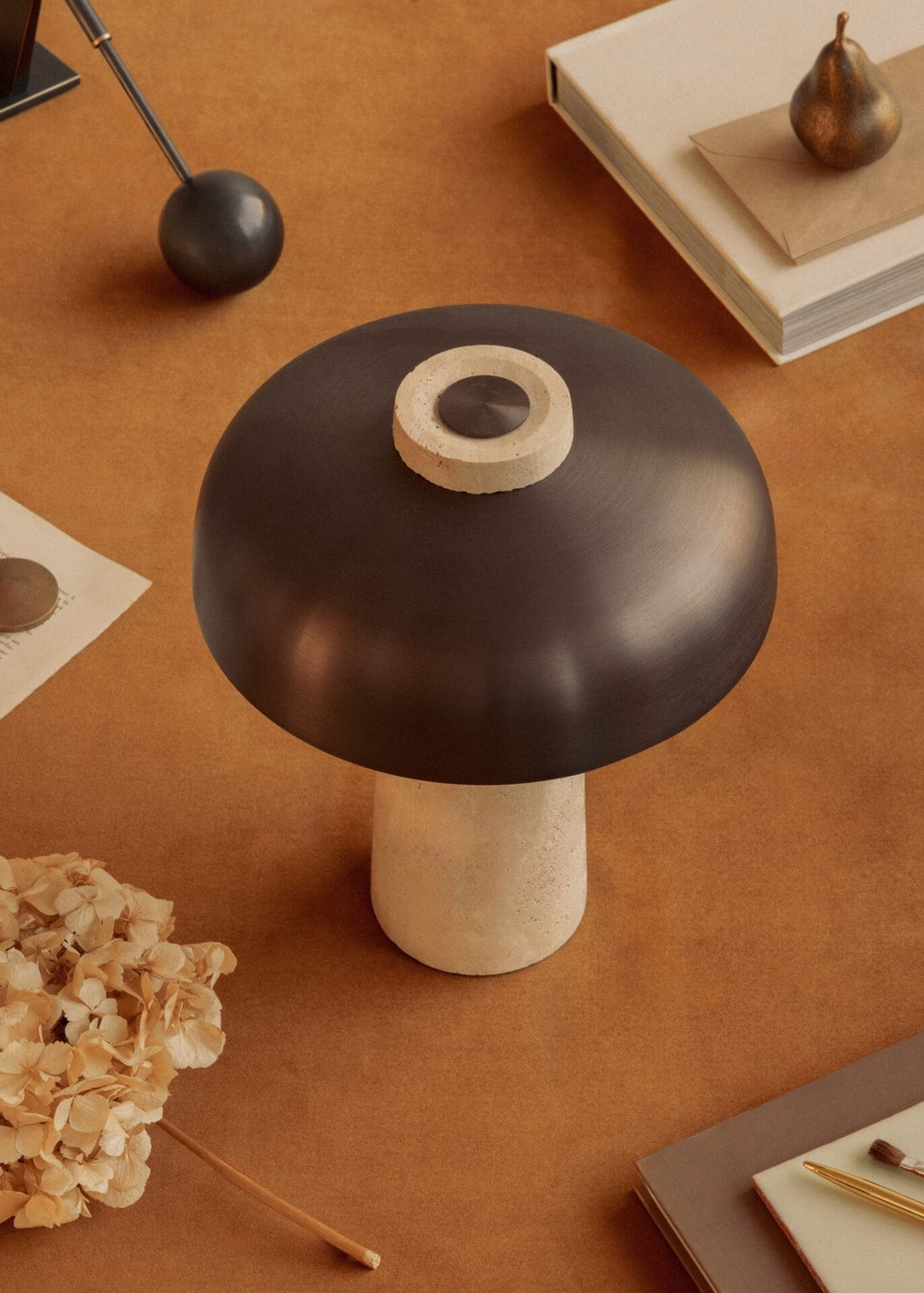 Reverse Table Lamp - Travertine, Sand/Aluminum, Bronzed Brass, H30 cm