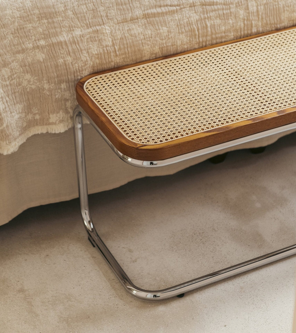 Panchina Brown, natural cane and chromed metal bench L120 x W40 x H45 cm