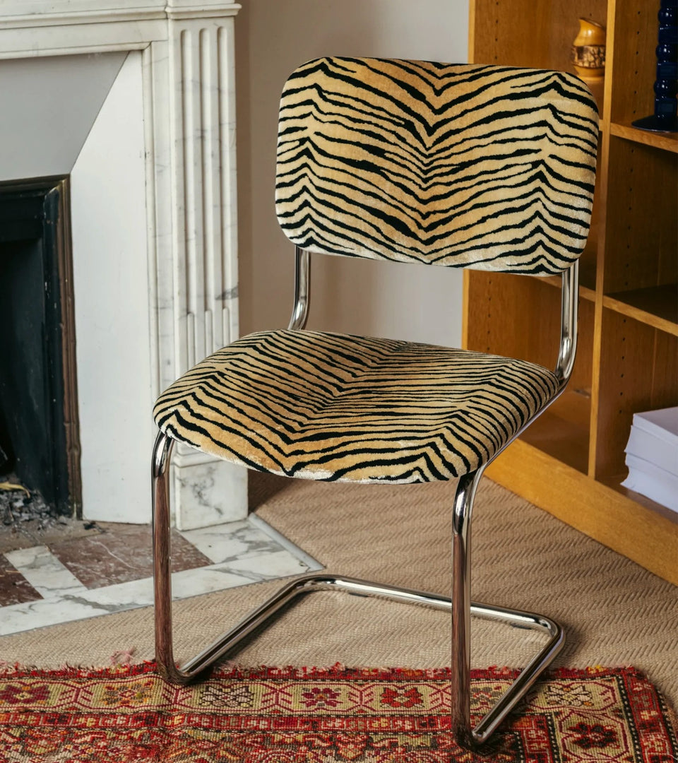 Tiger velvet and steel base chair, Seat H48 x W52 x Back H84 cm.