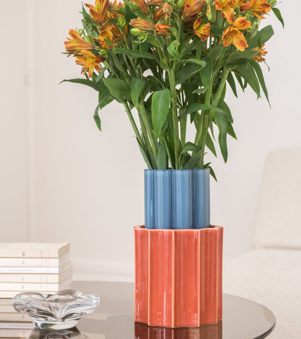 Duetto Storm blue and terracotta, ceramic and glass vase Ø15,5 x H28cm