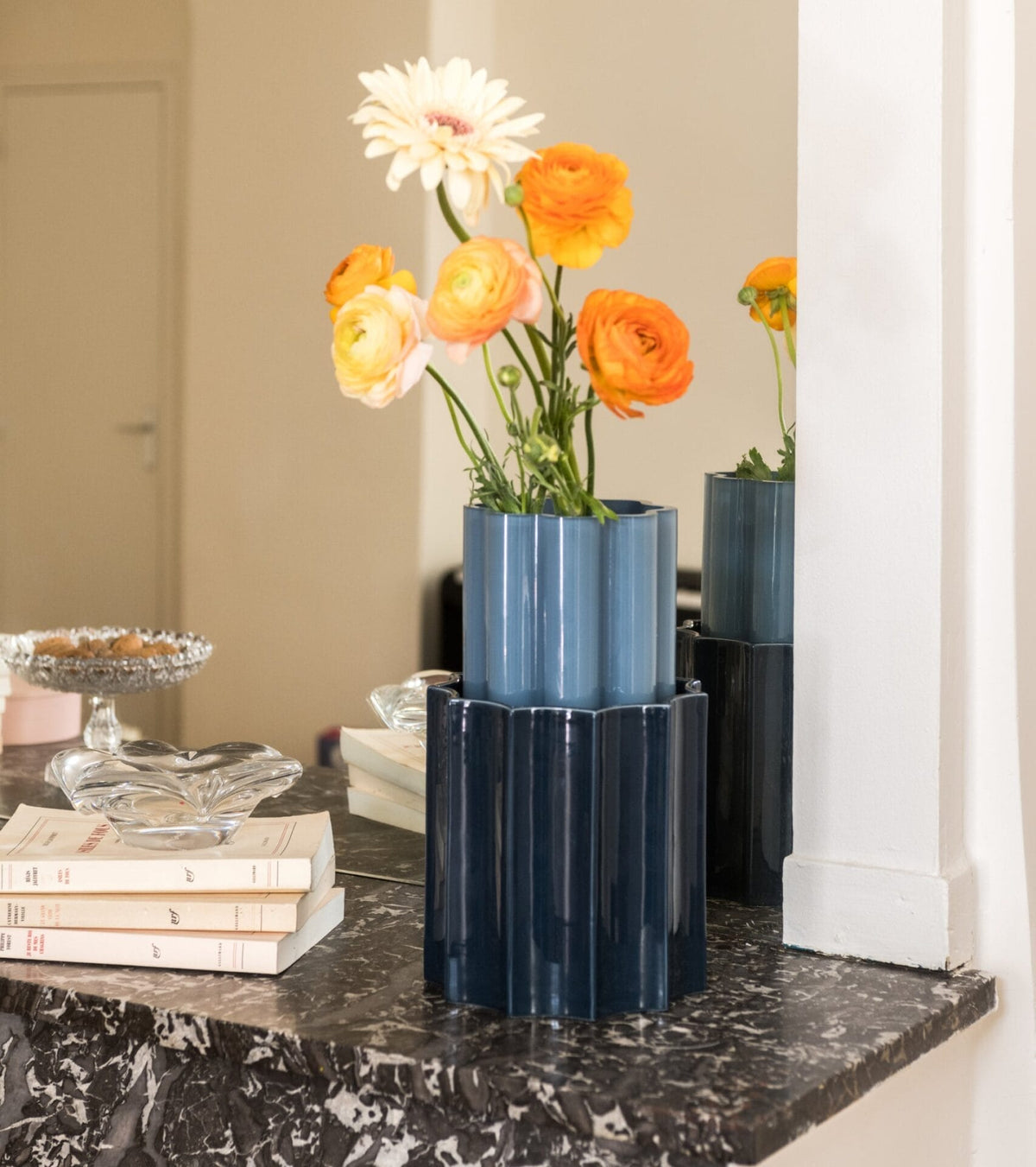 Duetto Storm blue and dark blue vase, glass and ceramic Ø15,5 x H28cm