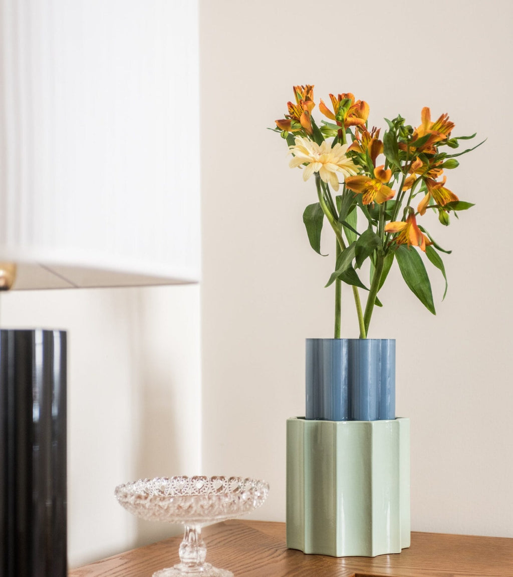 Duetto Storm blue and almond green vase, glass and ceramic Ø15.5 x H28cm