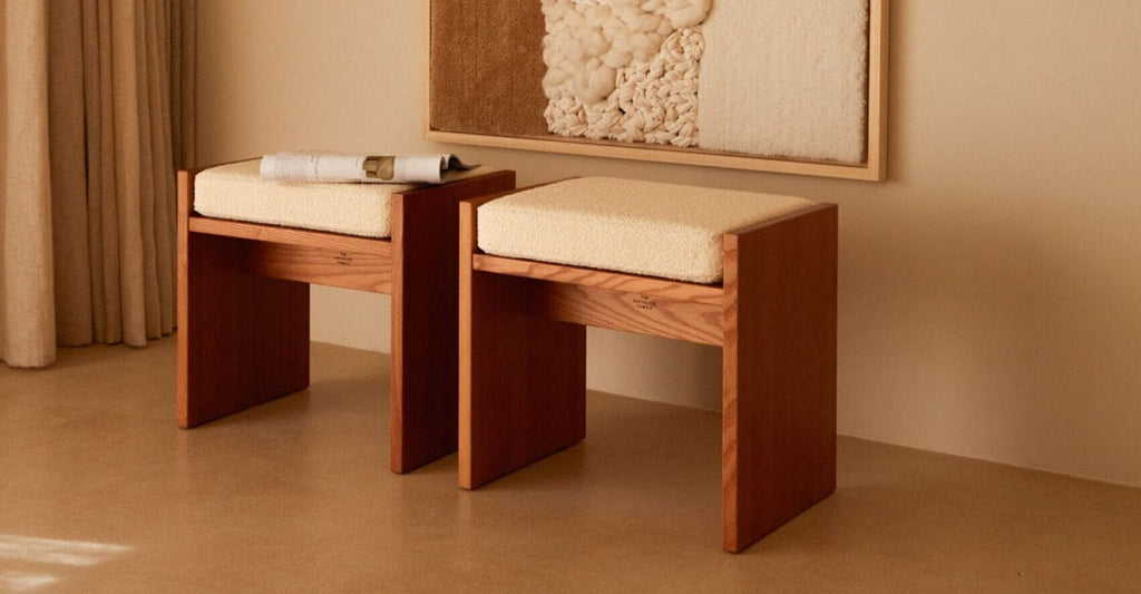 Chiesa White cream curly wool and solid ash with iroko finish stool, 49 x 33 x H45cm