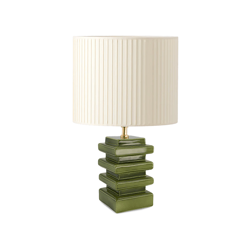 Marta, cream white pleated cotton top and green ceramic base, H46 x Ø28 cm
