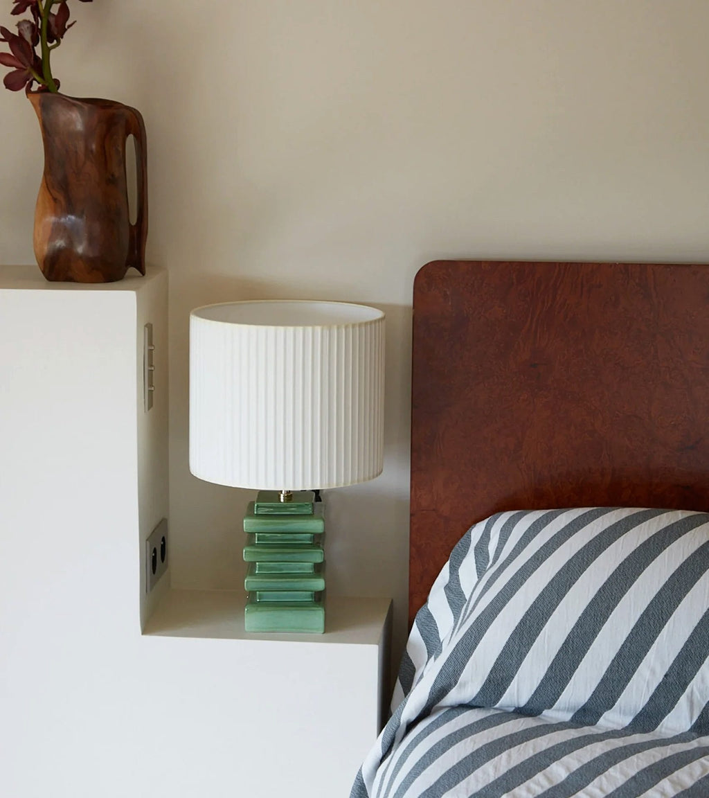 Marta, cream white pleated cotton top and green ceramic base, H46 x Ø28 cm