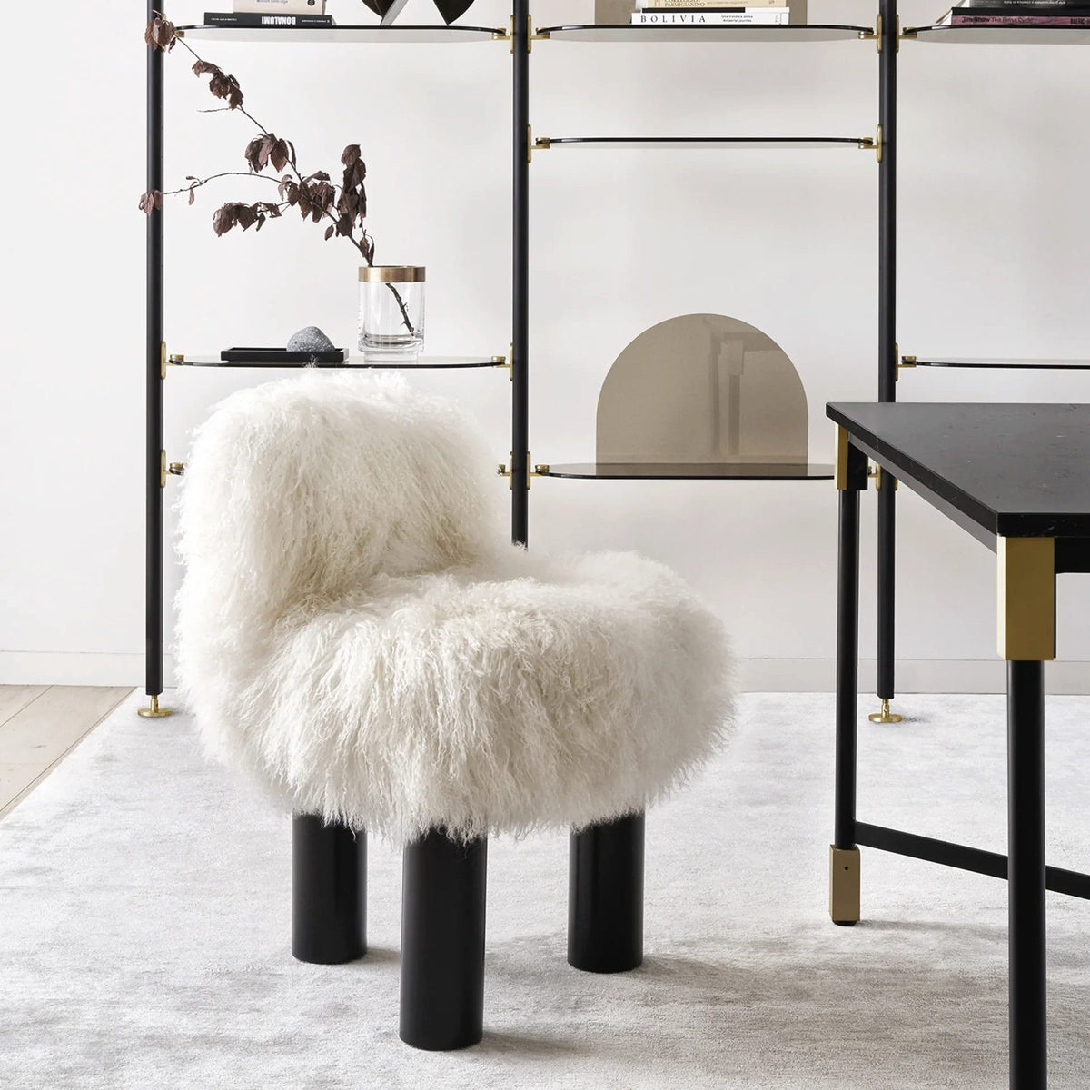 Bortolo High Armchair, Natural Fur, Black Legs, W53 x L55 x H75 cm