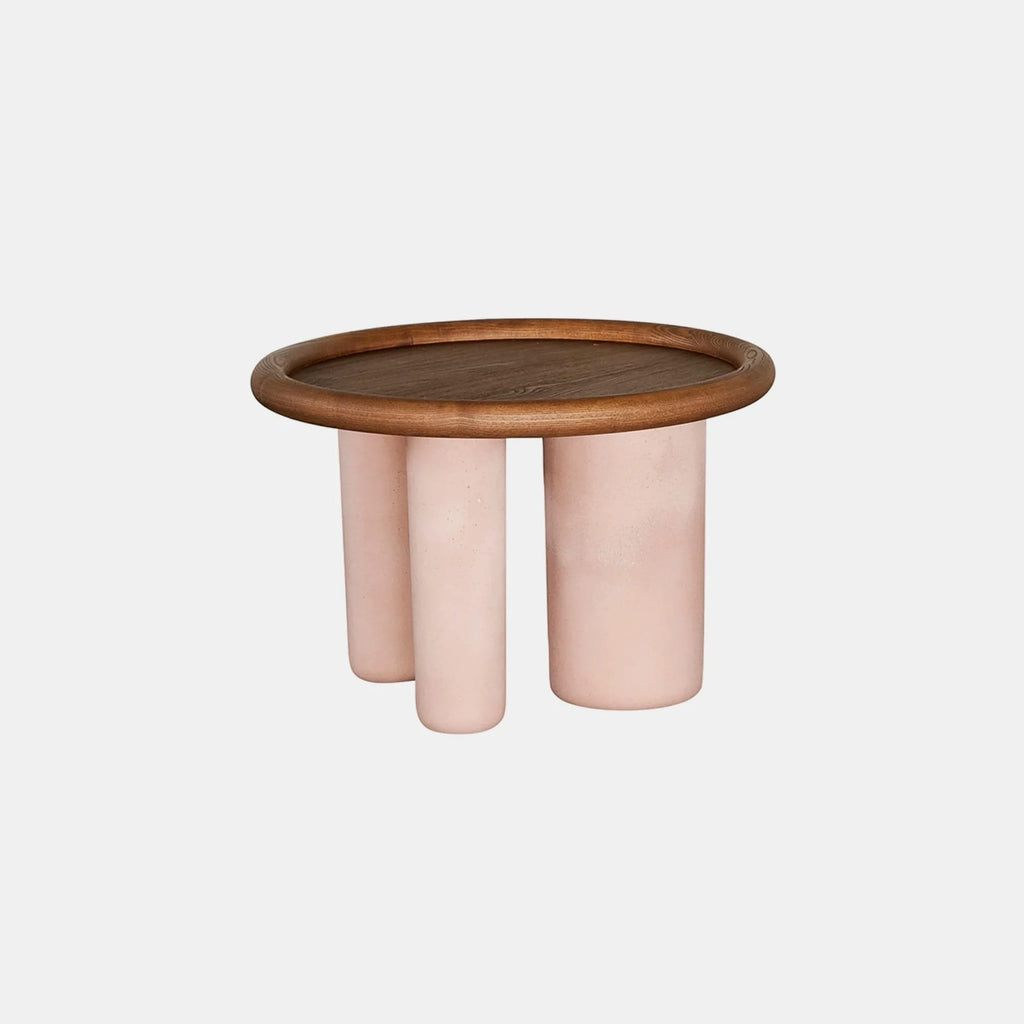 Pluto Side Table, Walnut Top T134, Pink Cement Base, Ø60cm