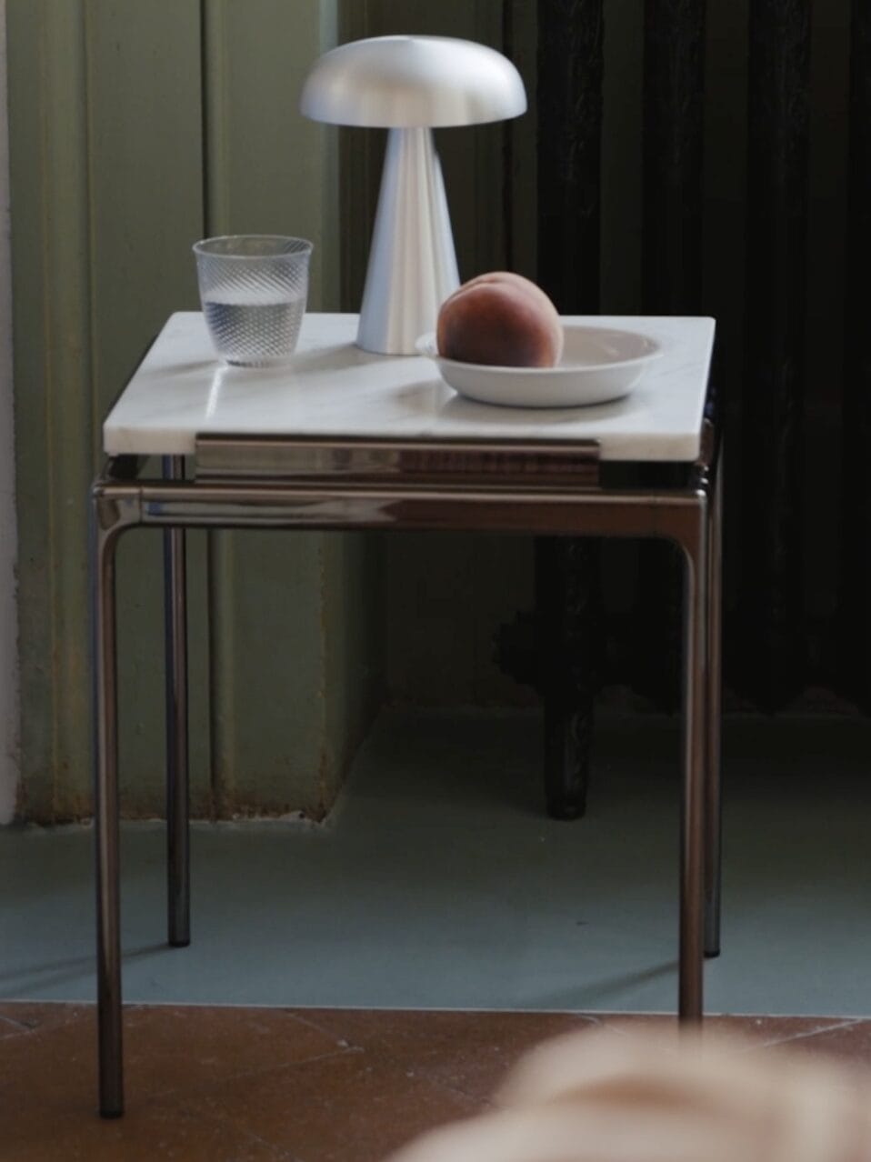 Sett LN11 Side Table, Bianco Carrera Marble w. Dark Chrome