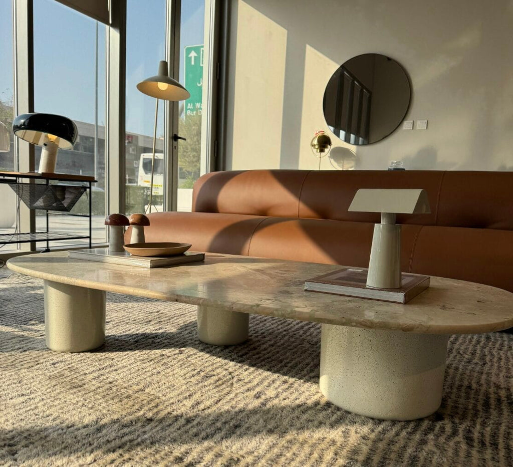 Gian & Pan Low Oval Table, Marble Top T211, Lacquered Cement base T198, L150 x D122 x H29 cm