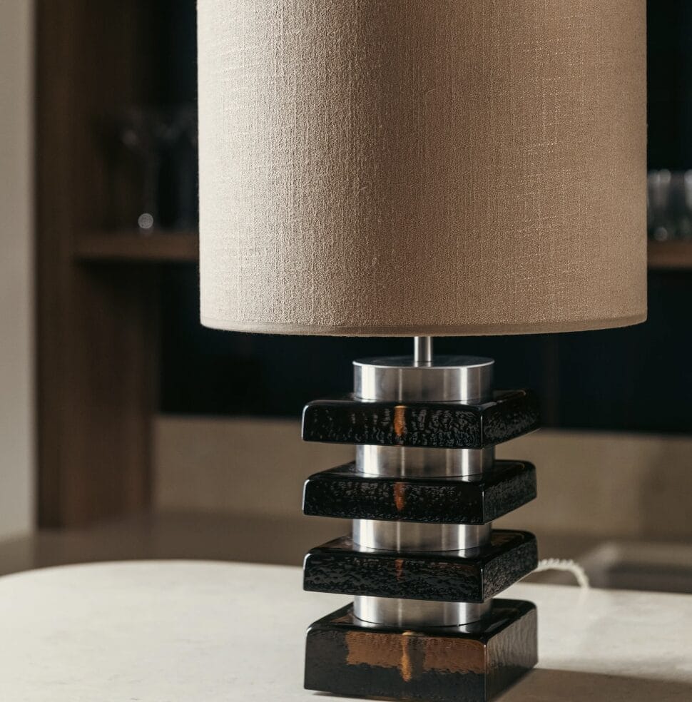Marta Amber glass and brown textured fabric table lamp H46 x Ø28 cm