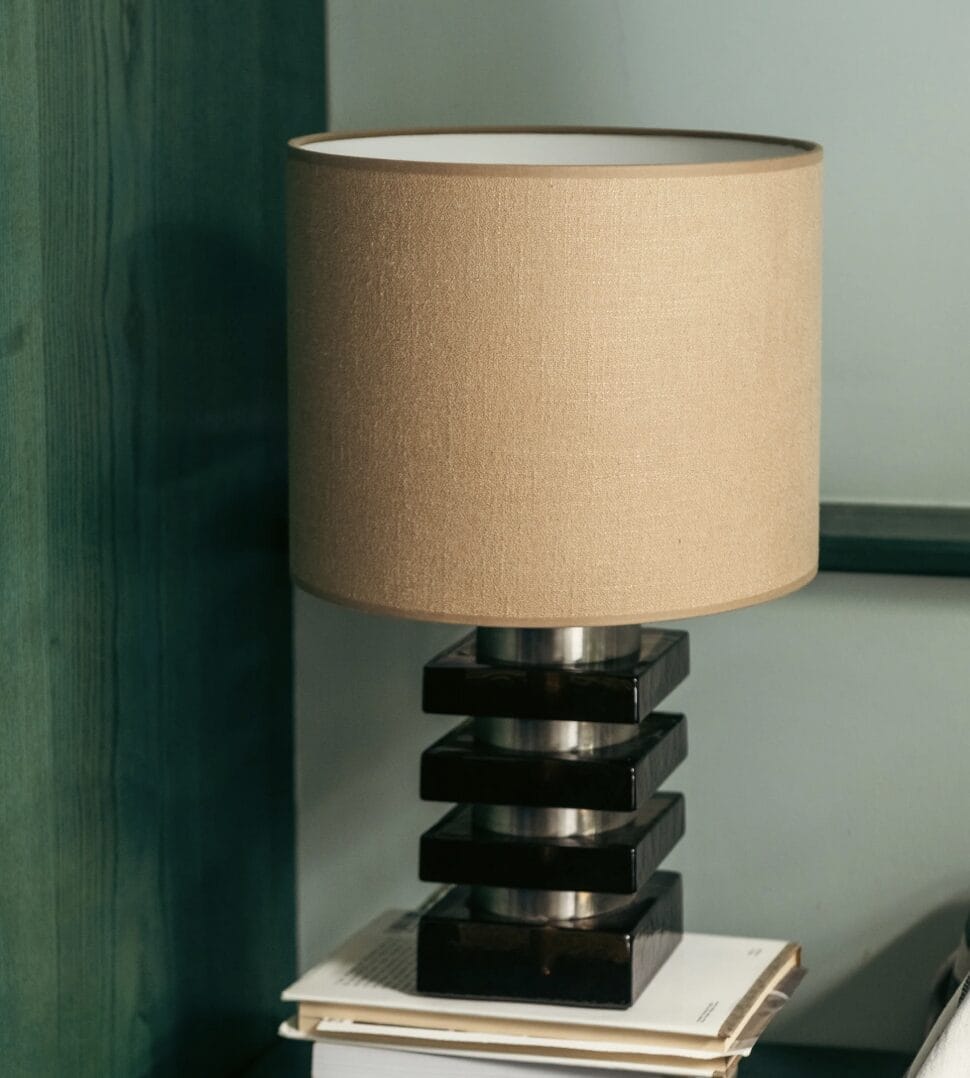Marta Amber glass and brown textured fabric table lamp H46 x Ø28 cm