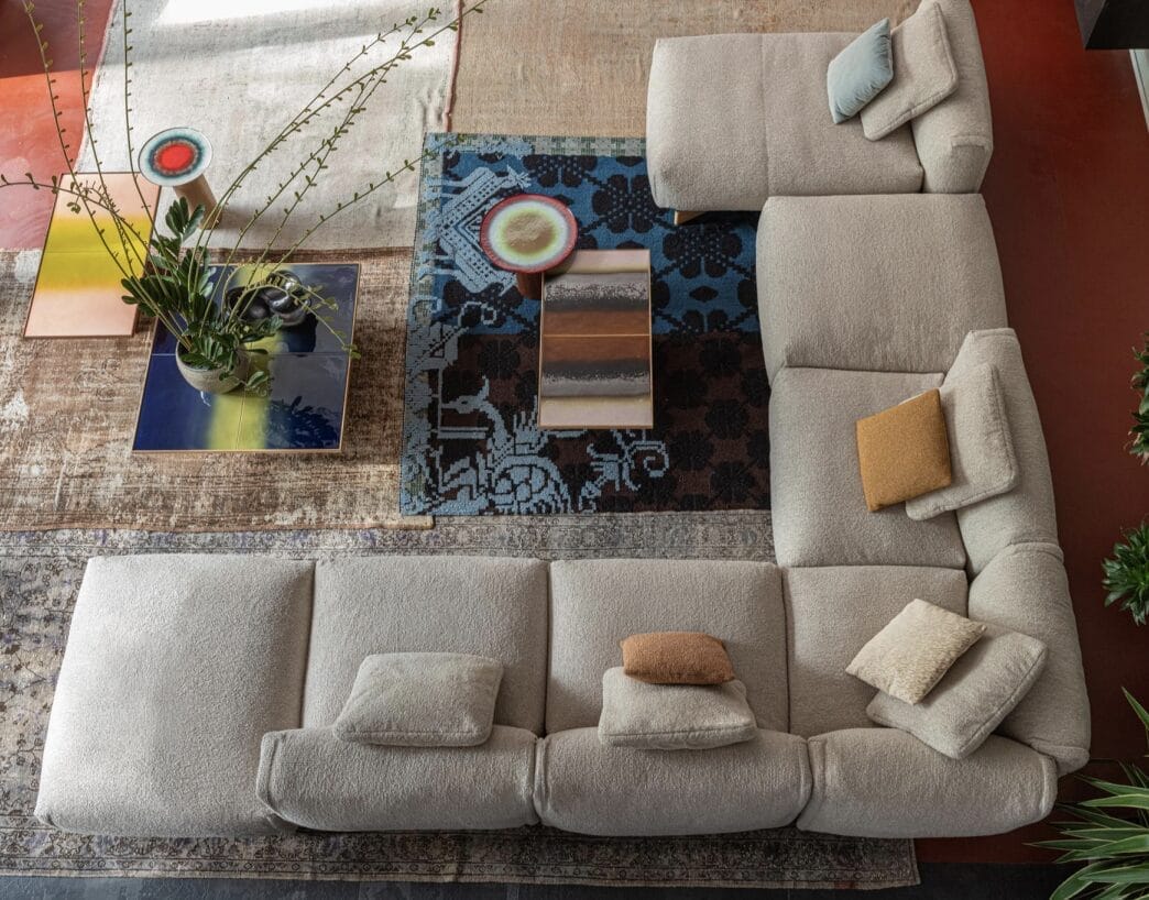 Cuadra Lateral 2 seat unit left + Chaise Longue right , Cat W, Fabric A5461 Camy Cream, Legs caffe brushed, W335 x D155 x H81