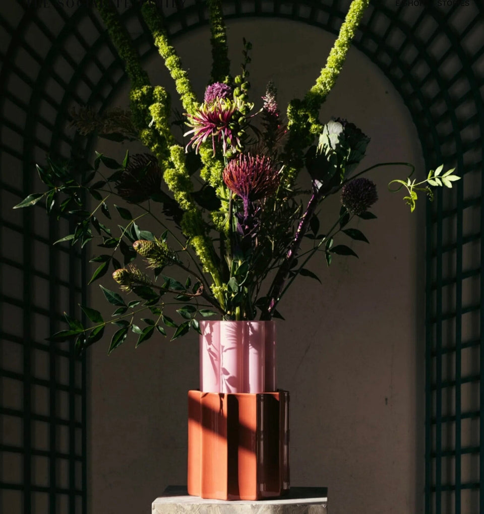 Duetto Candy pink and terracotta, ceramic and glass vase Ø15.5 x H28cm
