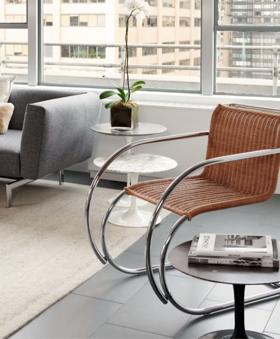 MR Armchair, Rattan upholstery, chrome frame legs