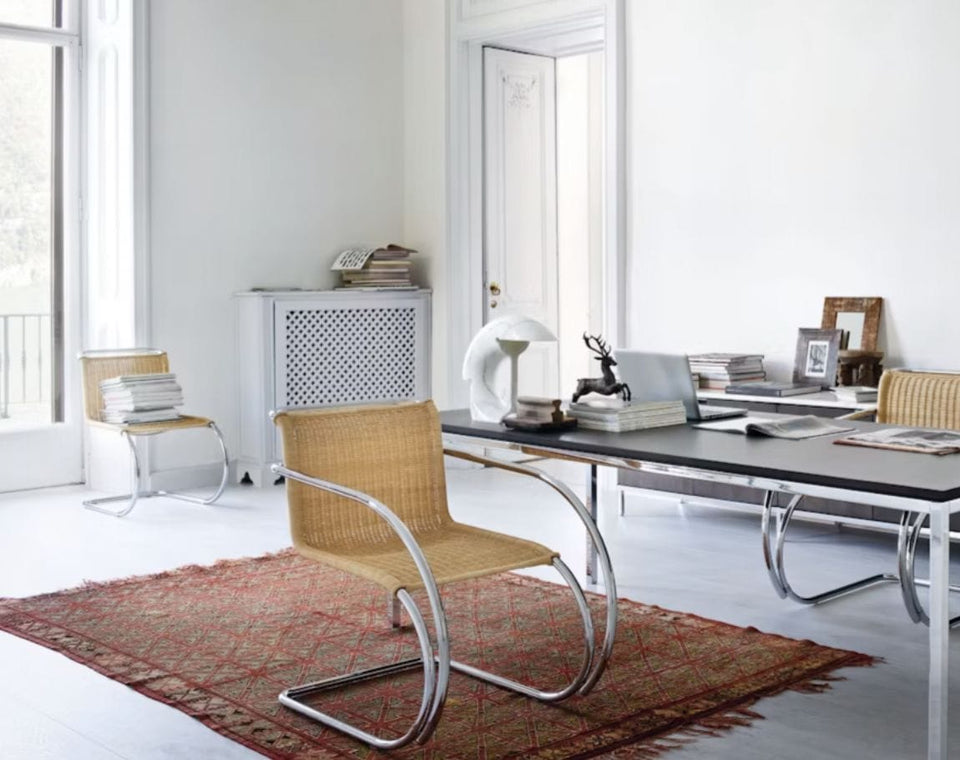 MR Armchair, Rattan upholstery, chrome frame legs