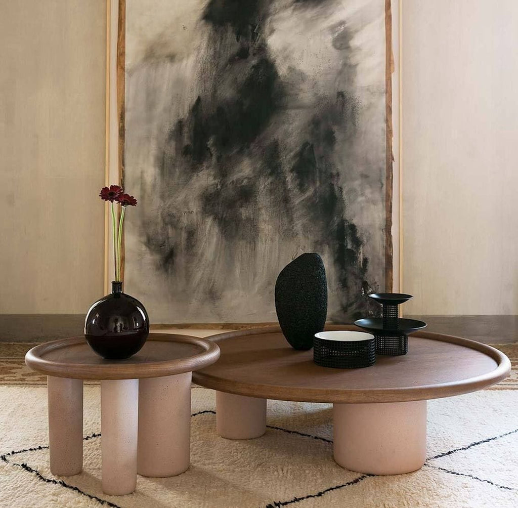 Pluto Side Table, Walnut Top T134, Pink Cement Base, Ø60cm