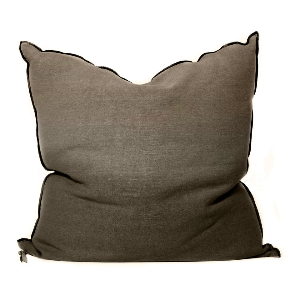 Lin Stone Washed (Black Line) Cushion, Kaki, 65 x 65 cm