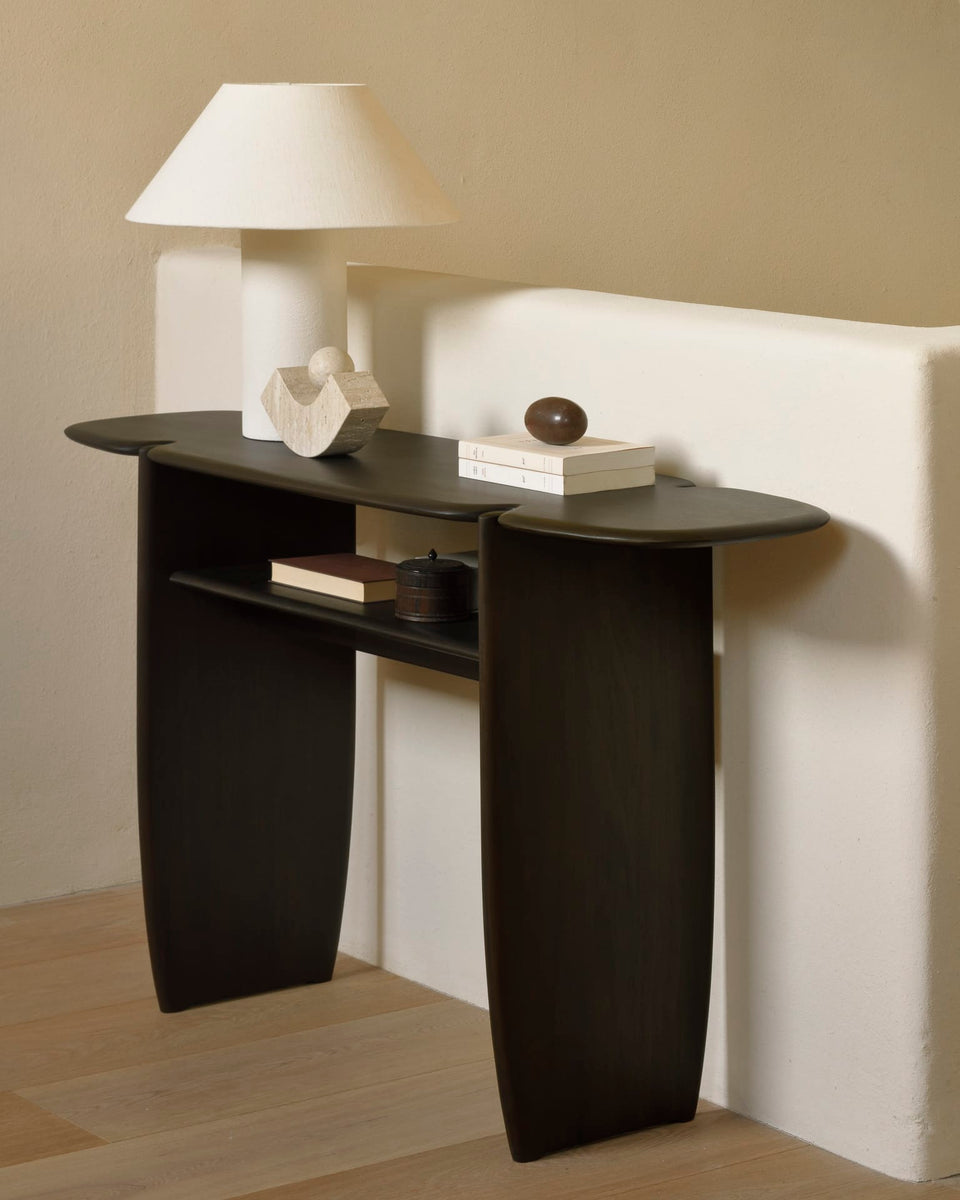 PI console - varnished mahogany - dark brown - 2 legs, 160 x 40 x 75cm