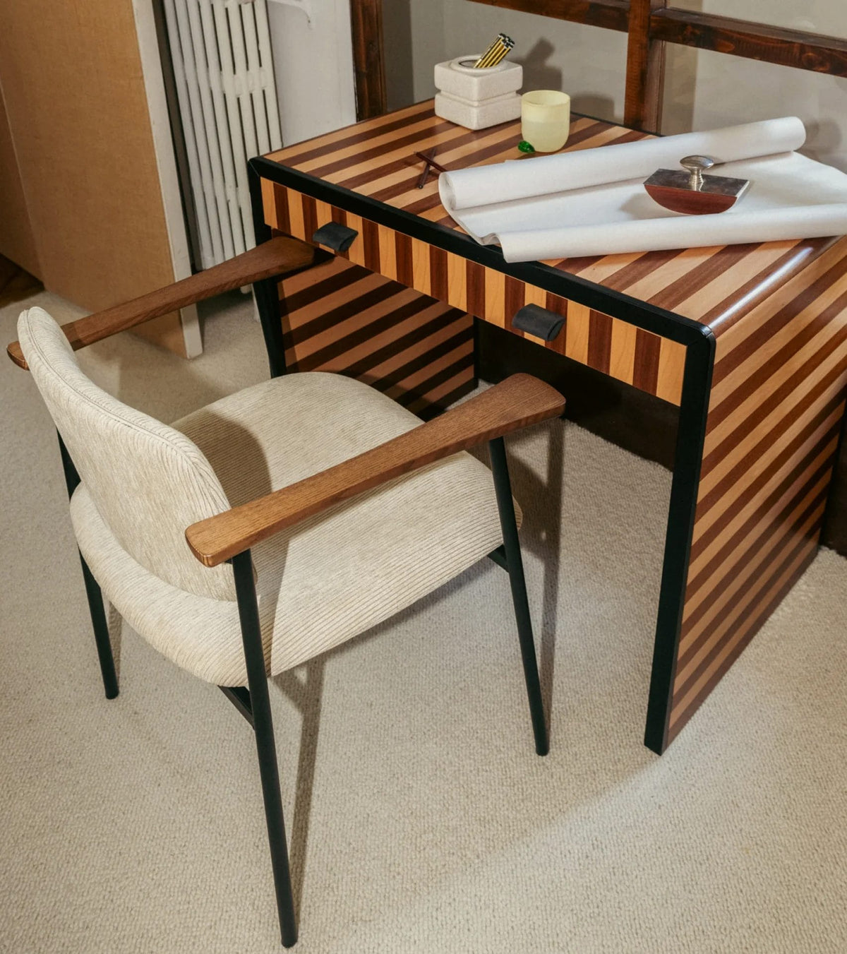 Pio Brown wood chair and beige corduroy