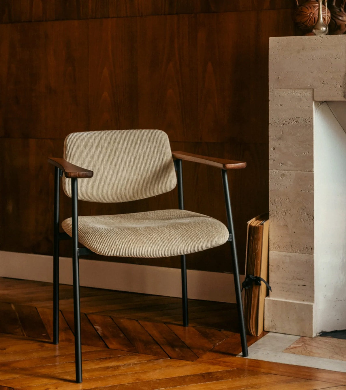 Pio Brown wood chair and beige corduroy