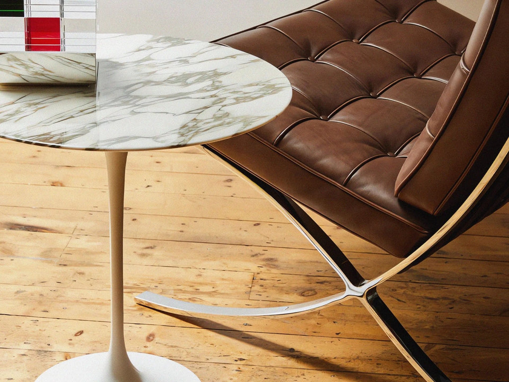 Saarinen Side Table, White Rilsan Base, Marble Arabescato, white with grey veining, Ø41, H51 cm
