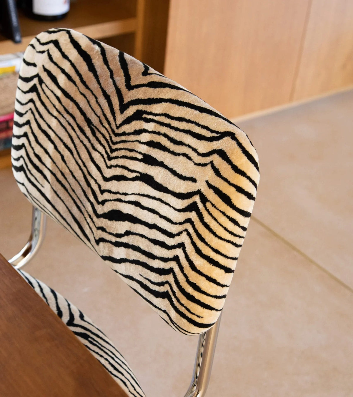 Tiger velvet and steel base chair, Seat H48 x W52 x Back H84 cm.