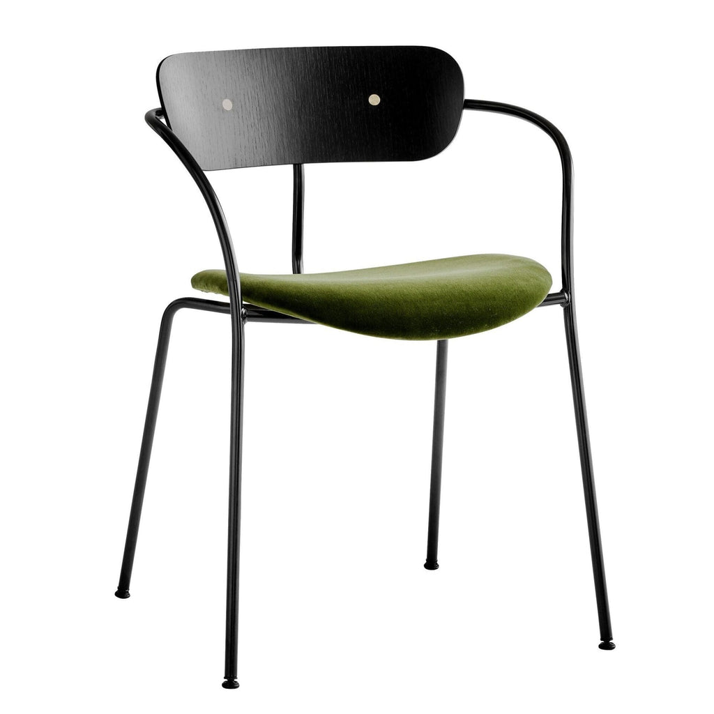 Pavilion Chair AV4 with armrest, Velvet 01 Forest, Seat Upholstery, Black Base Oak, Brass fitting