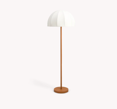 Duomo cognac leather floor lamp with cream stretch fabric shade, Ø50 x H149 cm.
