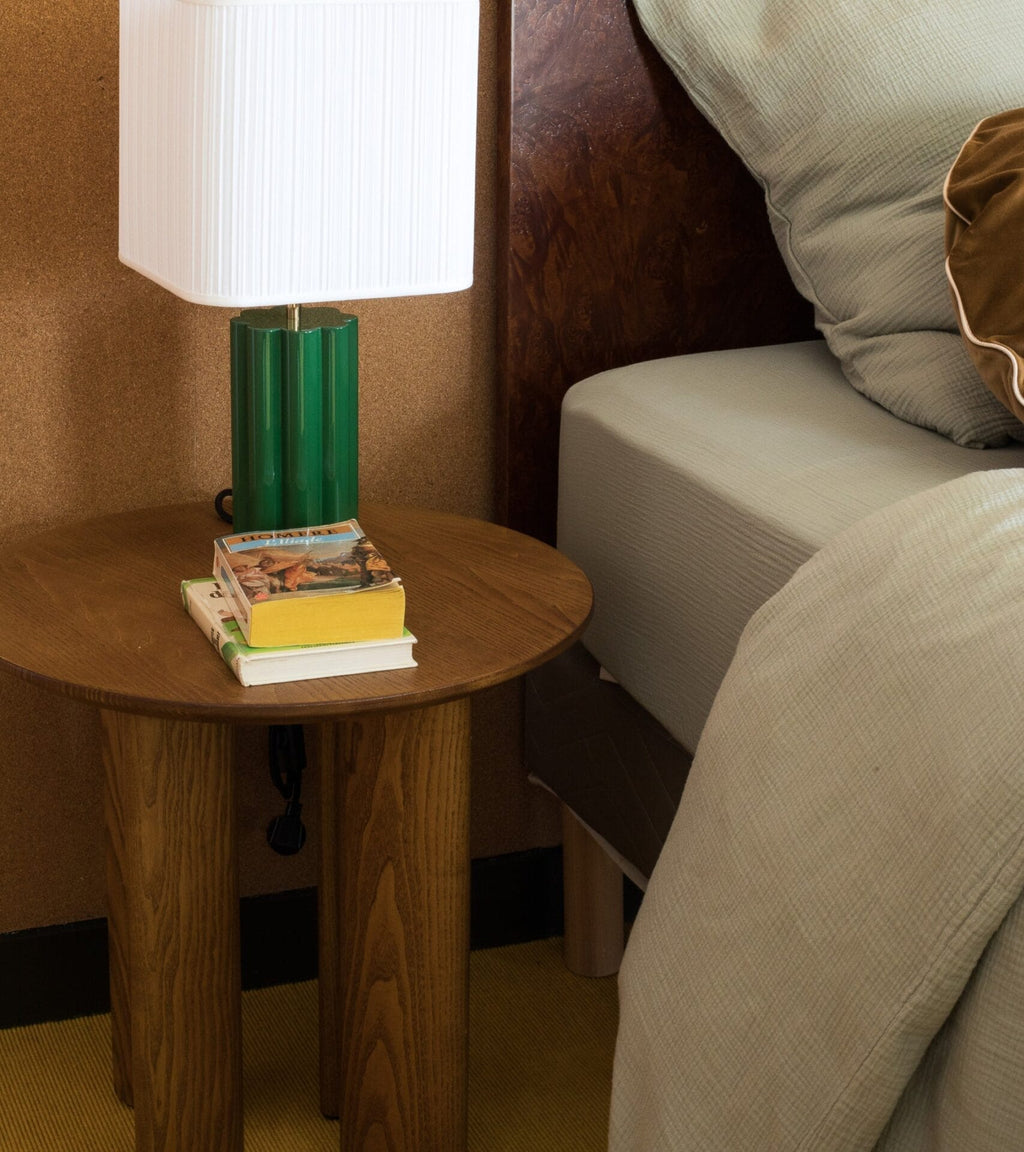 Carlotta ash side table with iroko finish Ø50 x H50cm