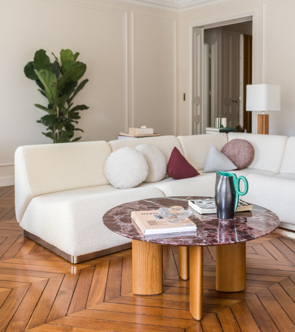 Carlotta round red marble coffee table with iroko finish legs,Ash legs with iroko finish Ø90 x H40 cm
