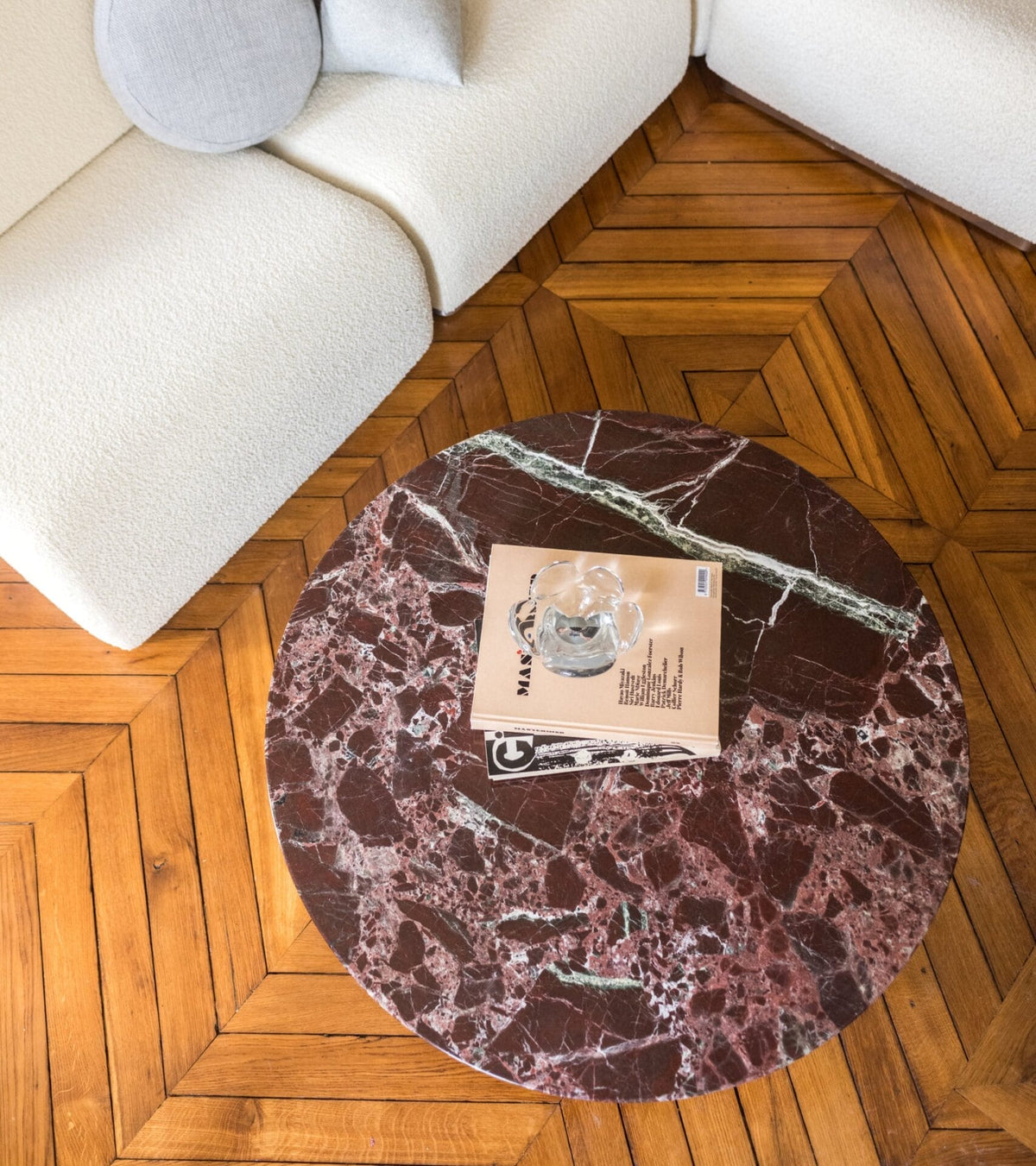 Carlotta round red marble coffee table with iroko finish legs,Ash legs with iroko finish Ø90 x H40 cm
