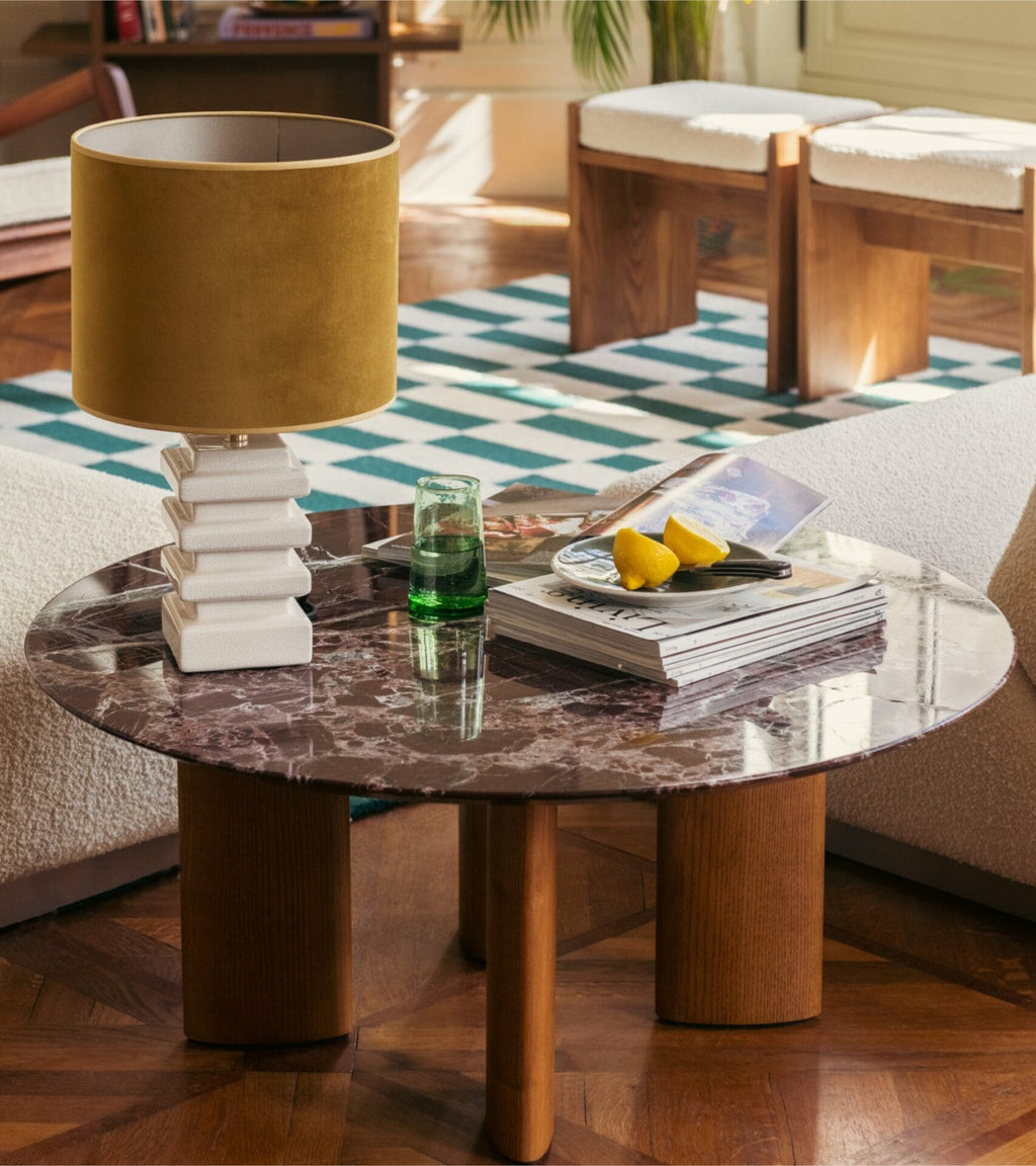 Carlotta round red marble coffee table with iroko finish legs,Ash legs with iroko finish Ø90 x H40 cm
