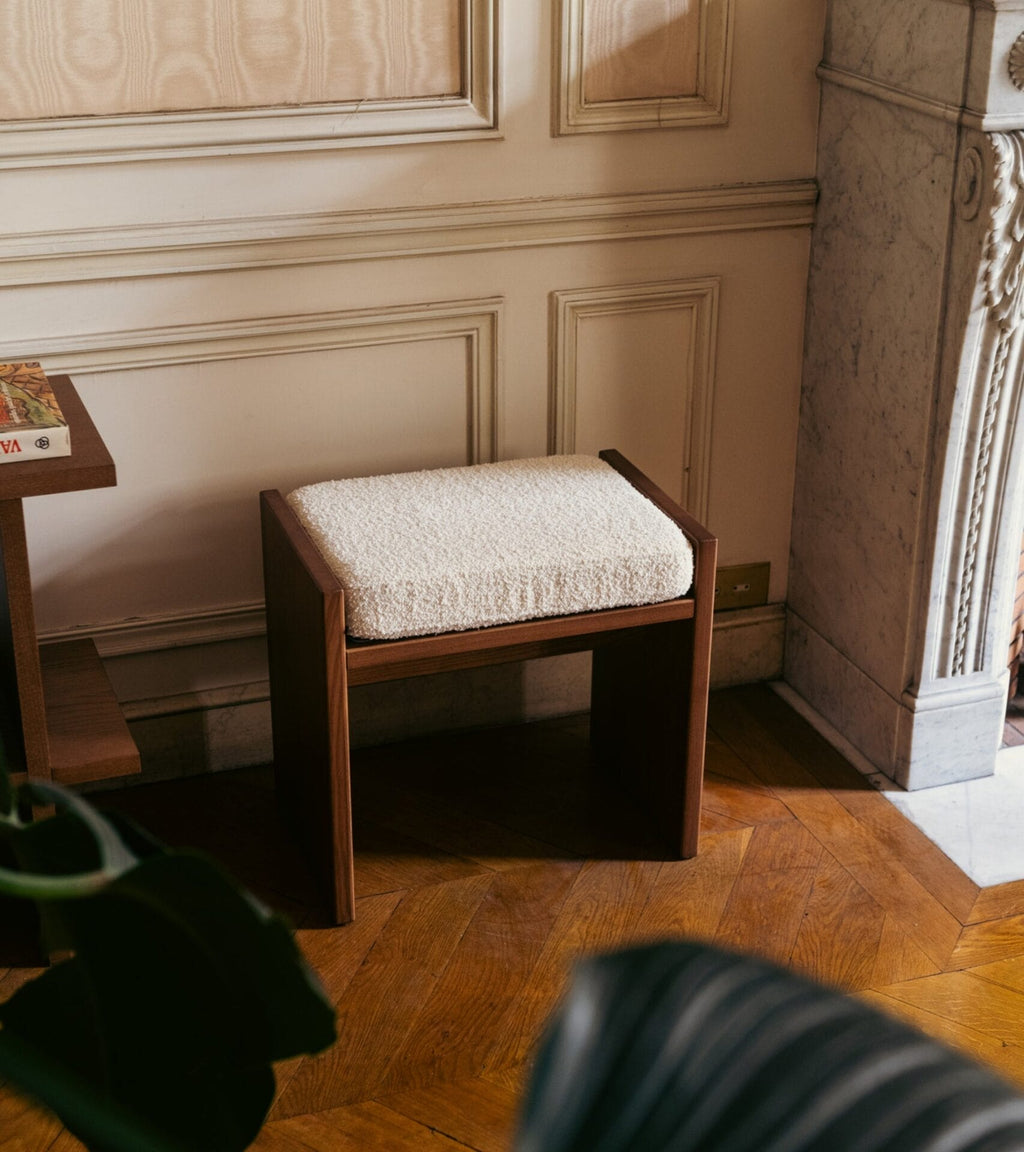 Chiesa White cream curly wool and solid ash with iroko finish stool, 49 x 33 x H45cm