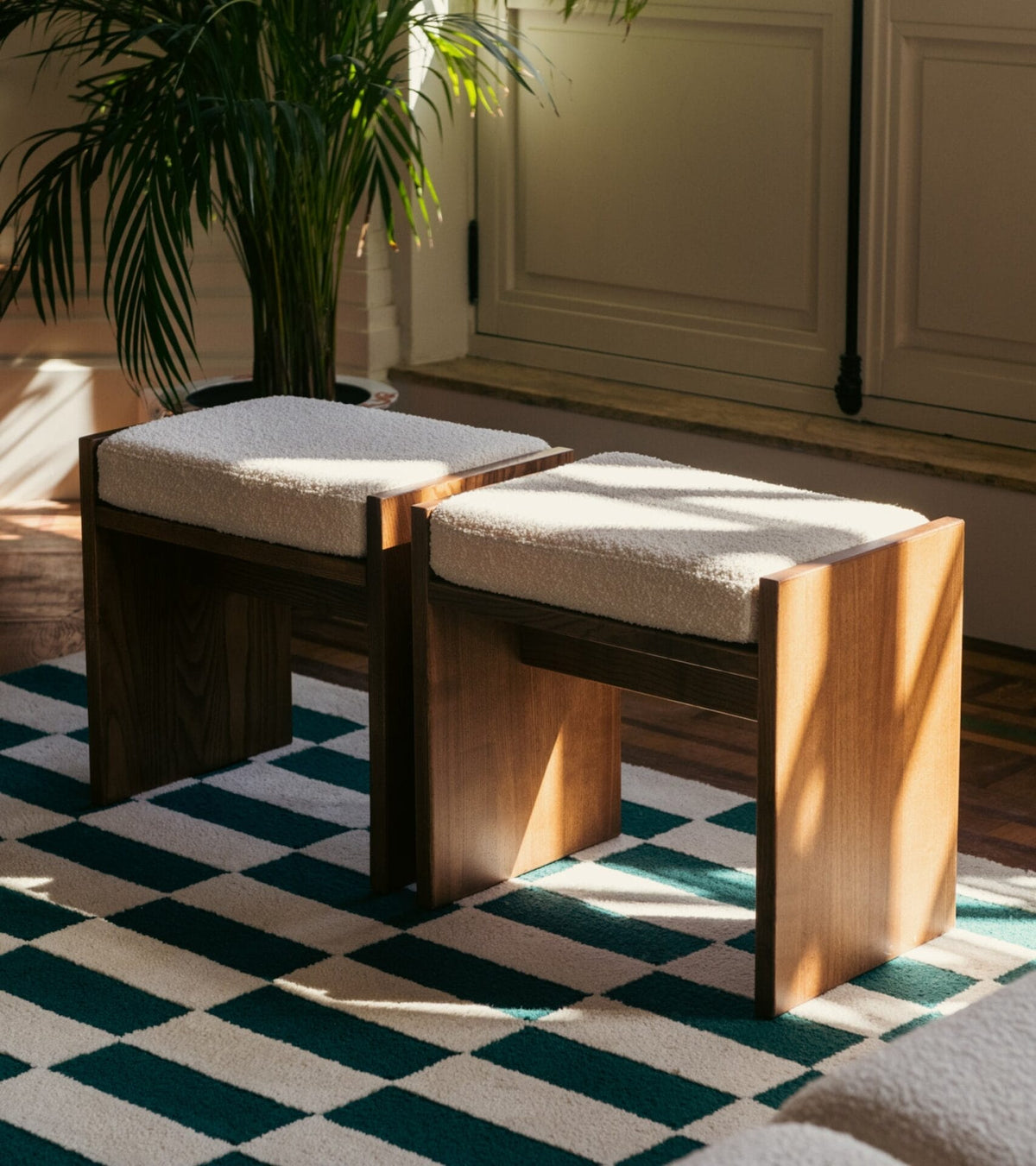 Chiesa White cream curly wool and solid ash with iroko finish stool, 49 x 33 x H45cm
