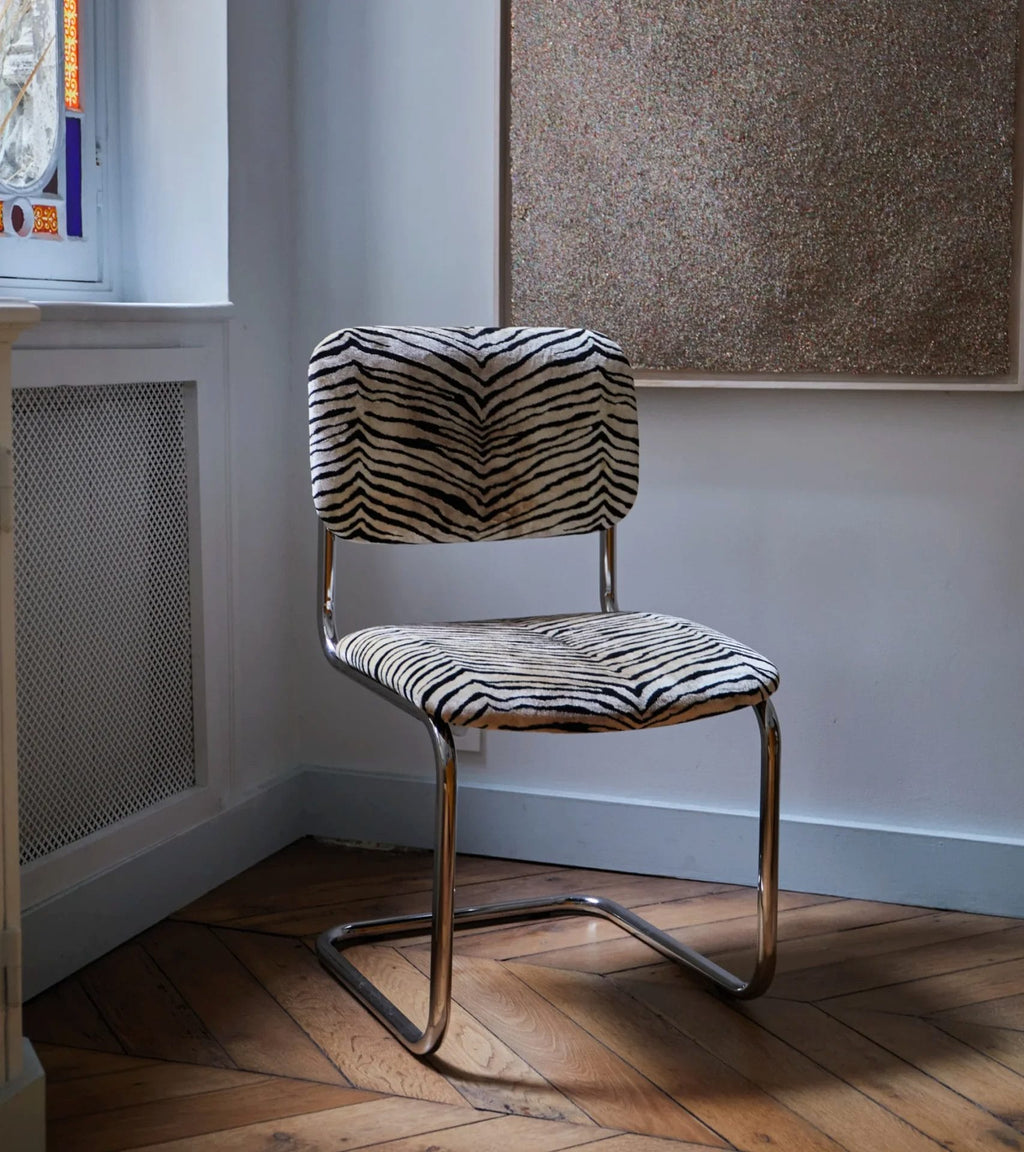 Tiger velvet and steel base chair, Seat H48 x W52 x Back H84 cm.