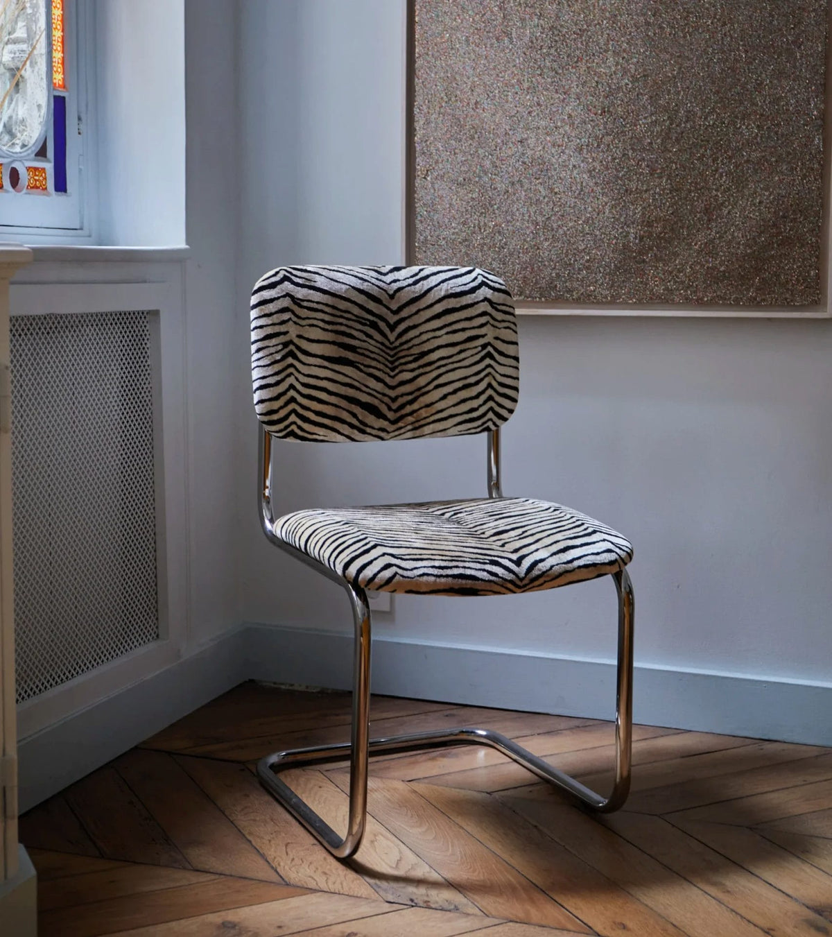 Tiger velvet and steel base chair, Seat H48 x W52 x Back H84 cm.