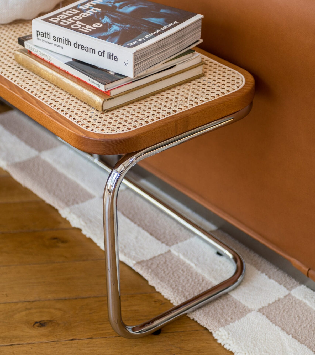 Panchina Brown, natural cane and chromed metal bench L120 x W40 x H45 cm