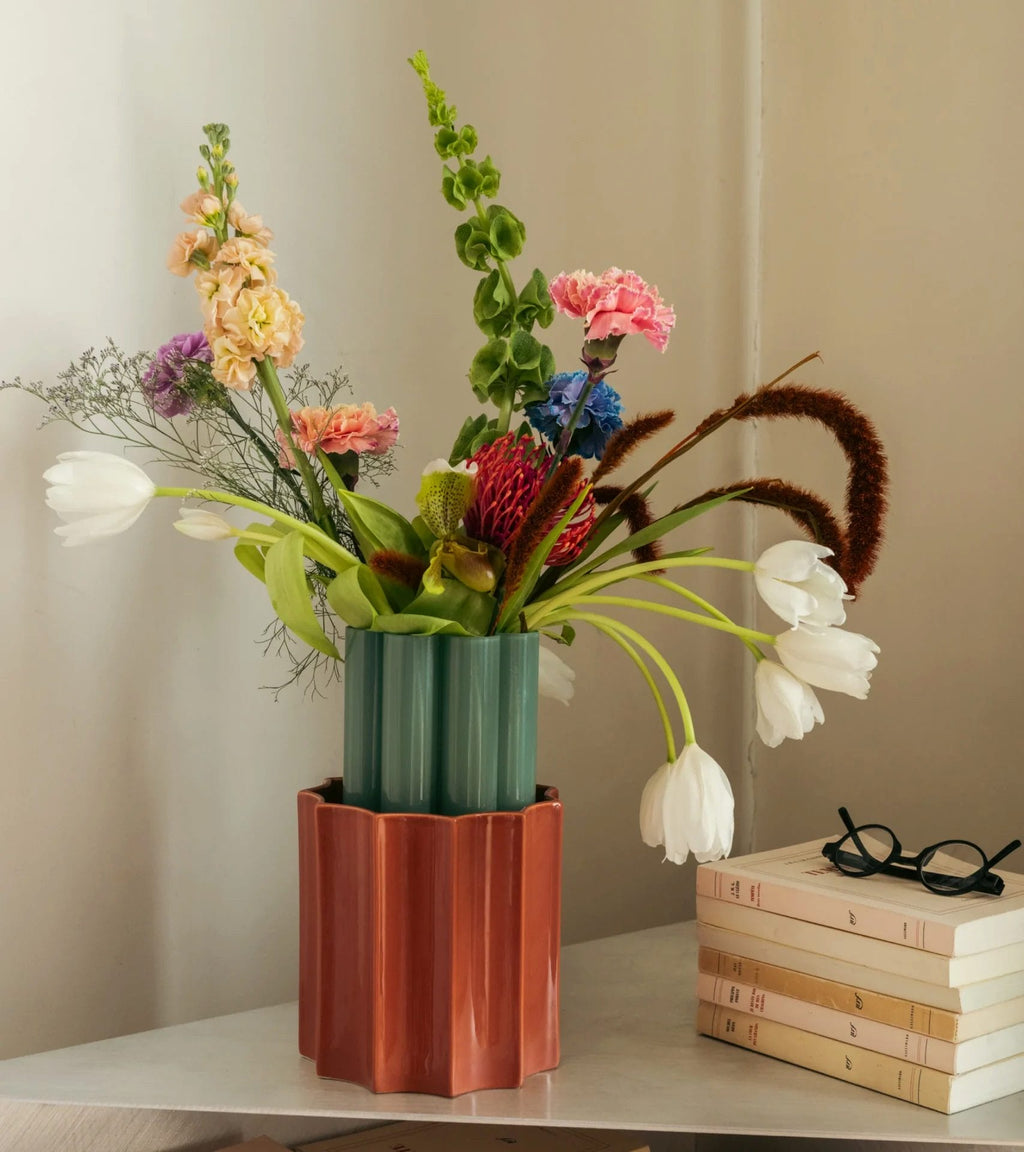 Duetto Aqua green and terracotta vase, glass and ceramic