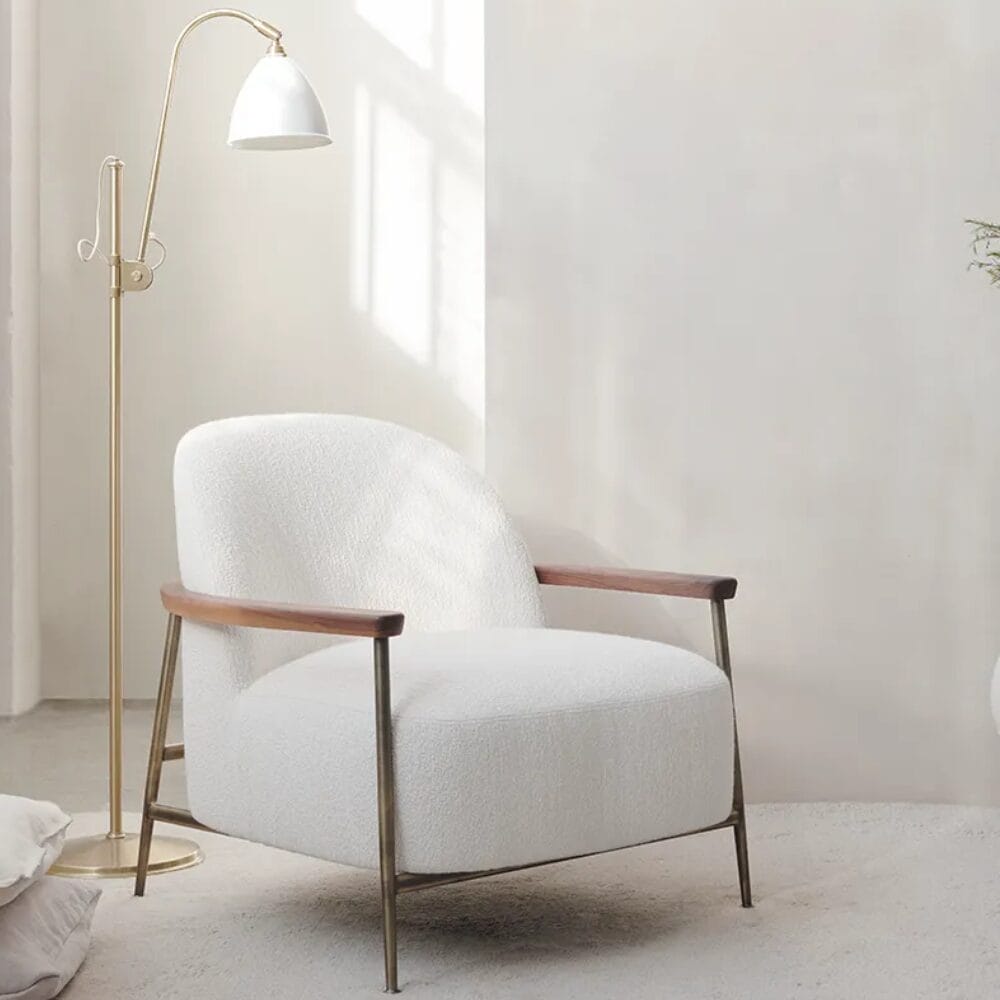 Sejour Lounge Chair, Barnum, Nevotex (1 Off White, Standard), Armrest Finish: American Walnut Oiled, Glide: Standard, Base Finish: Antique Brass